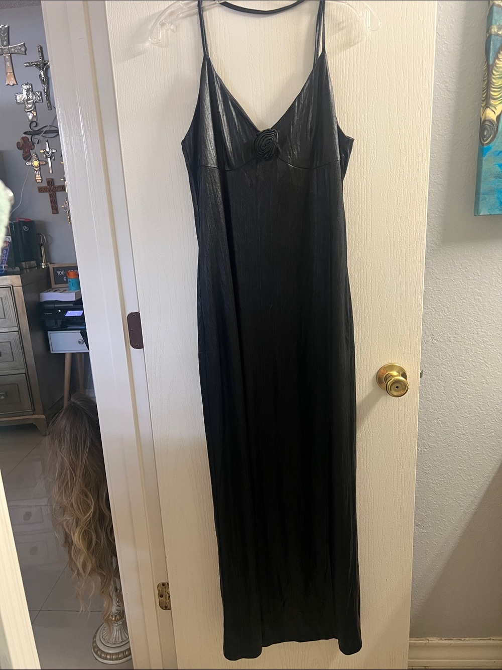 Black Spaghetti-Strap Maxi Dress with Rose Detail